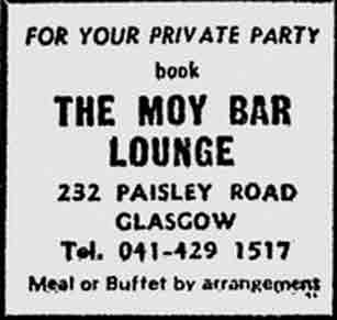 The Moy Bar Paisley Road advert 1975